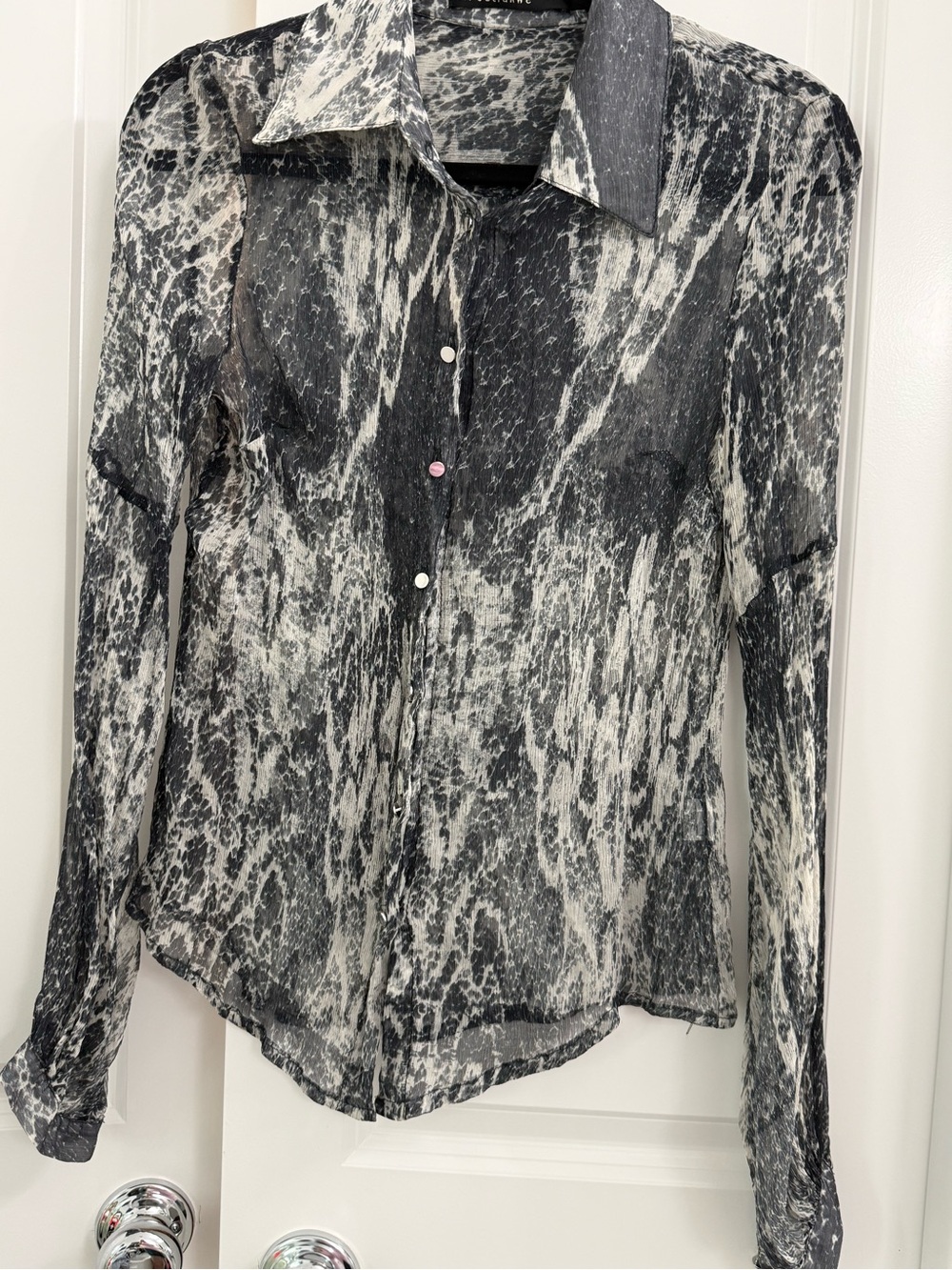 Iris Setlakwe Sheer 100% Silk Marble-Print Button-Down in Black and White